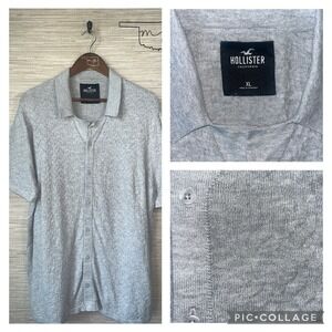 Hollister Mens XL Gray Textured Geometric Knit Short Sleeve Button Down Shirt